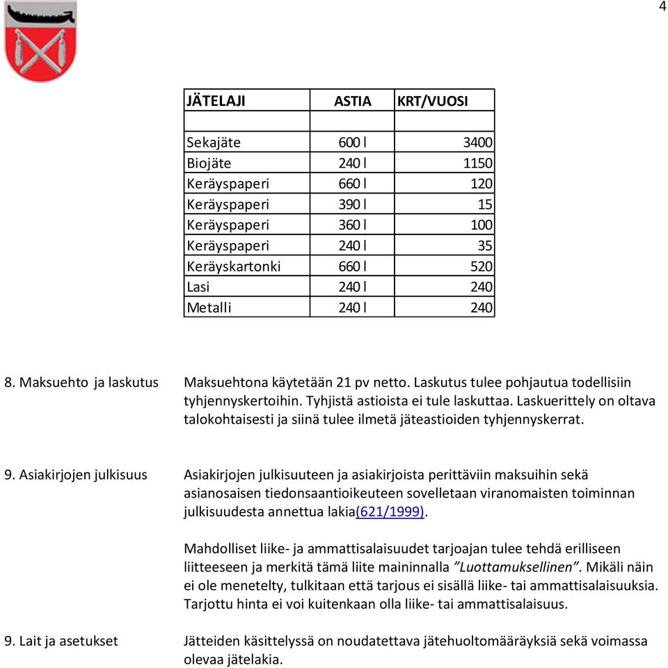 Laskuerittely on oltava talokohtaisesti ja siinä tulee ilmetä jäteastioiden tyhjennyskerrat. 9.