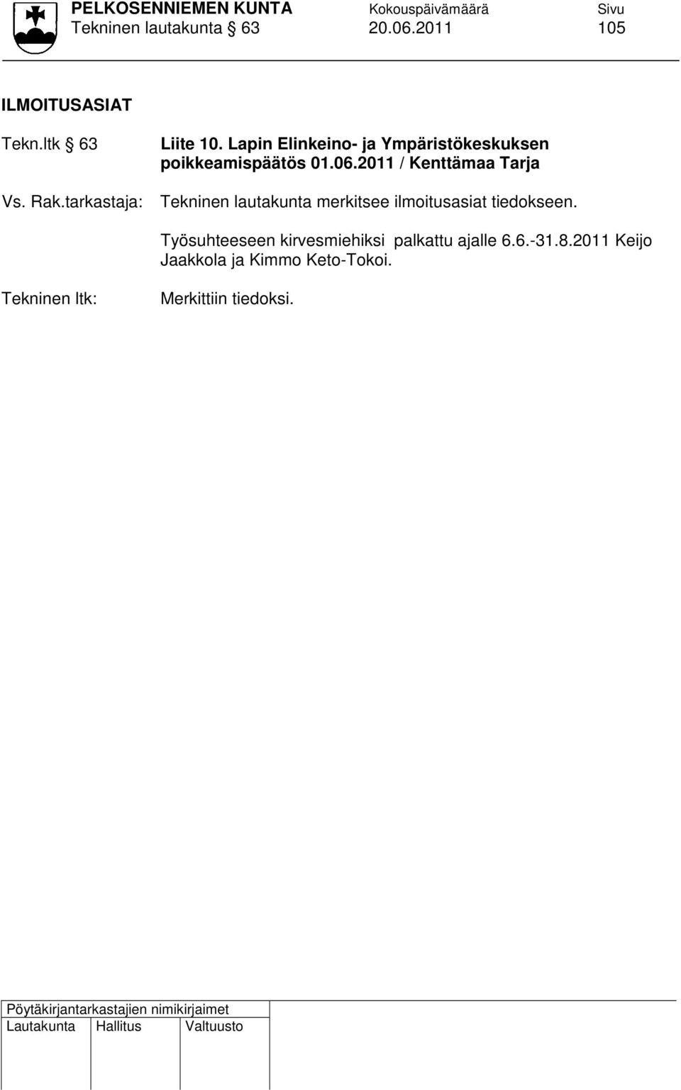 2011 / Kenttämaa Tarja Tekninen lautakunta merkitsee ilmoitusasiat tiedokseen.