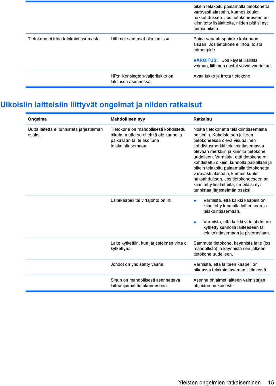 VAROITUS: Jos käytät liiallista voimaa, liittimen nastat voivat vaurioitua. HP:n Kensington-vaijerilukko on lukitussa asennossa. Avaa lukko ja irrota tietokone.