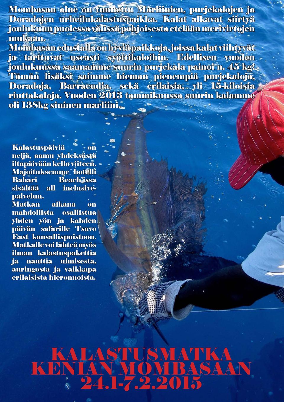 Tämän lisäksi saimme hieman pienempiä purjekaloja, Doradoja, Barracudia, sekä erilaisia, yli 15-kiloisia riuttakaloja. Vuoden 2013 tammikuussa suurin kalamme oli 138kg sininen marliini.