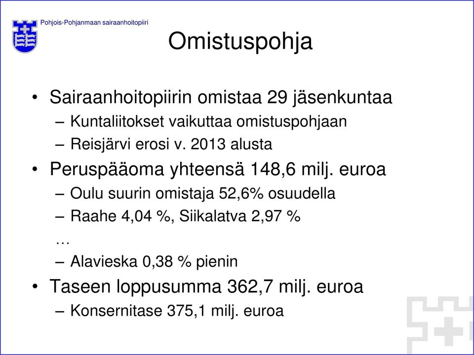 euroa Oulu suurin omistaja 52,6% osuudella Raahe 4,04 %, Siikalatva 2,97 %