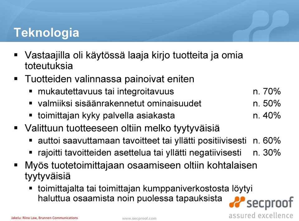 40% Valittuun tuotteeseen oltiin melko tyytyväisiä auttoi saavuttamaan tavoitteet tai yllätti positiivisesti n.