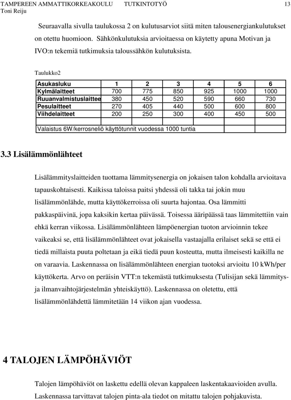 Taulukko2 Asukasluku 1 2 3 4 5 6 Kylmälaitteet 700 775 850 925 1000 1000 Ruuanvalmistuslaitteet 380 450 520 590 660 730 Pesulaitteet 270 405 440 500 600 800 Viihdelaitteet 200 250 300 400 450 500