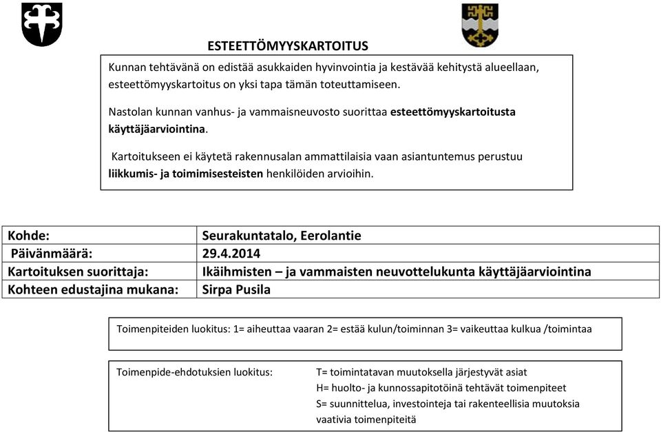 Kartoitukseen ei käytetä rakennusalan ammattilaisia vaan asiantuntemus perustuu liikkumis- ja toimimisesteisten henkilöiden arvioihin. Kohde: Seurakuntatalo, Eerolantie Päivänmäärä: 29.4.