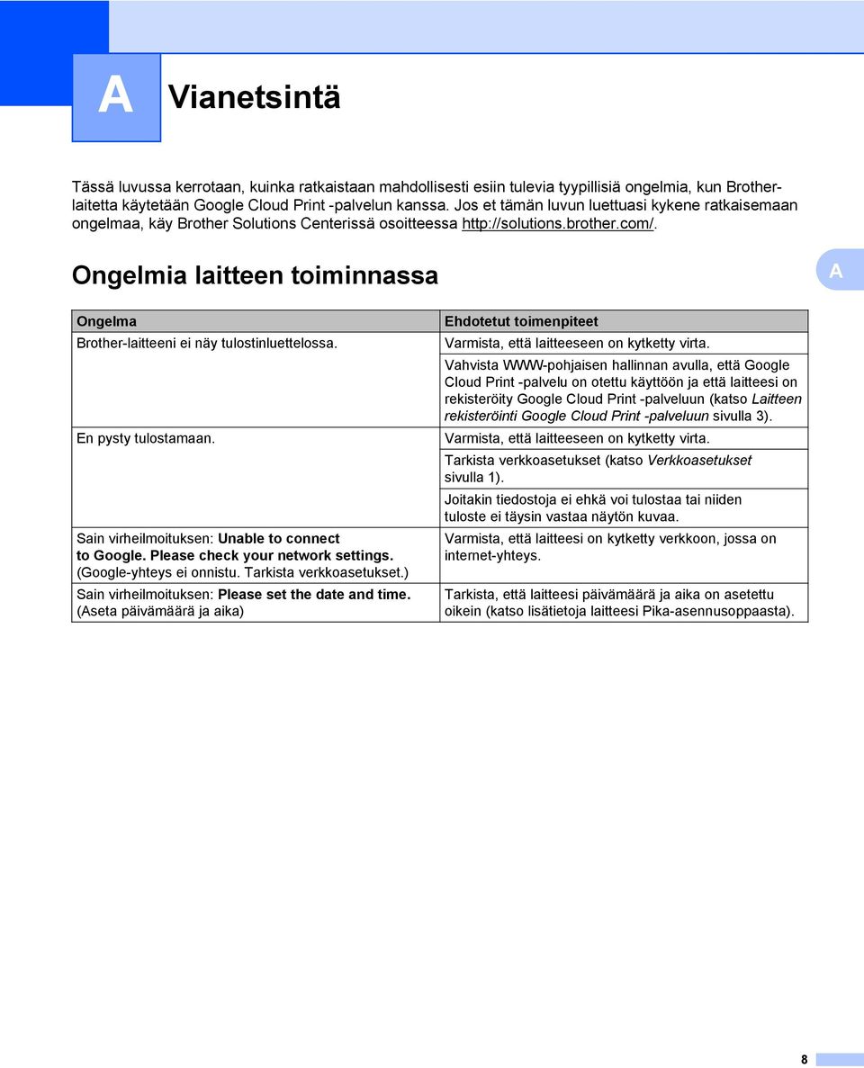 Ongelmia laitteen toiminnassa A Ongelma Brother-laitteeni ei näy tulostinluettelossa. En pysty tulostamaan. Sain virheilmoituksen: Unable to connect to Google. Please check your network settings.