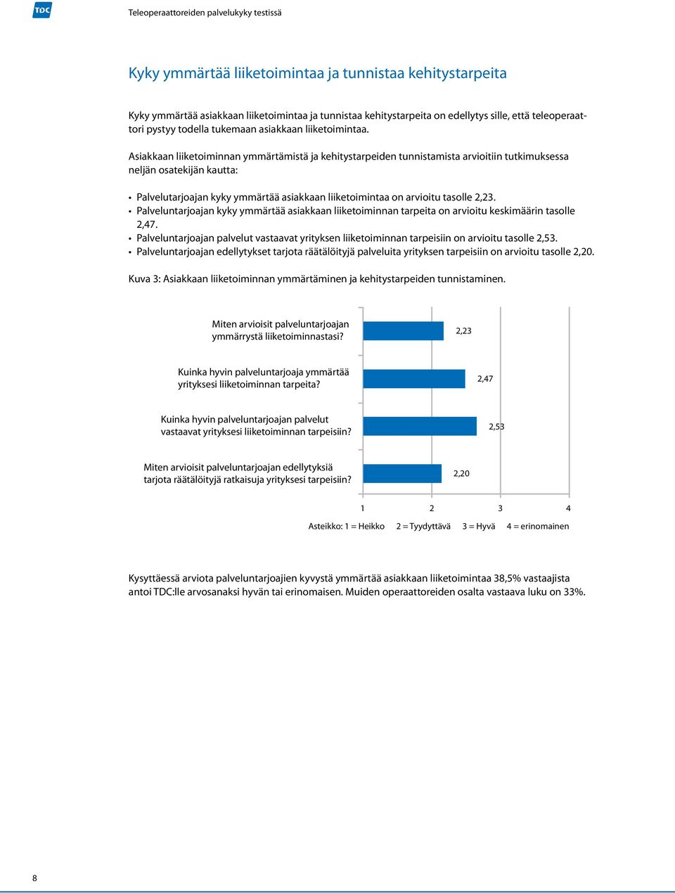 Asiakkaan liiketoiminnan ymmärtämistä ja kehitystarpeiden tunnistamista arvioitiin tutkimuksessa neljän osatekijän kautta: Palvelutarjoajan kyky ymmärtää asiakkaan liiketoimintaa on arvioitu tasolle