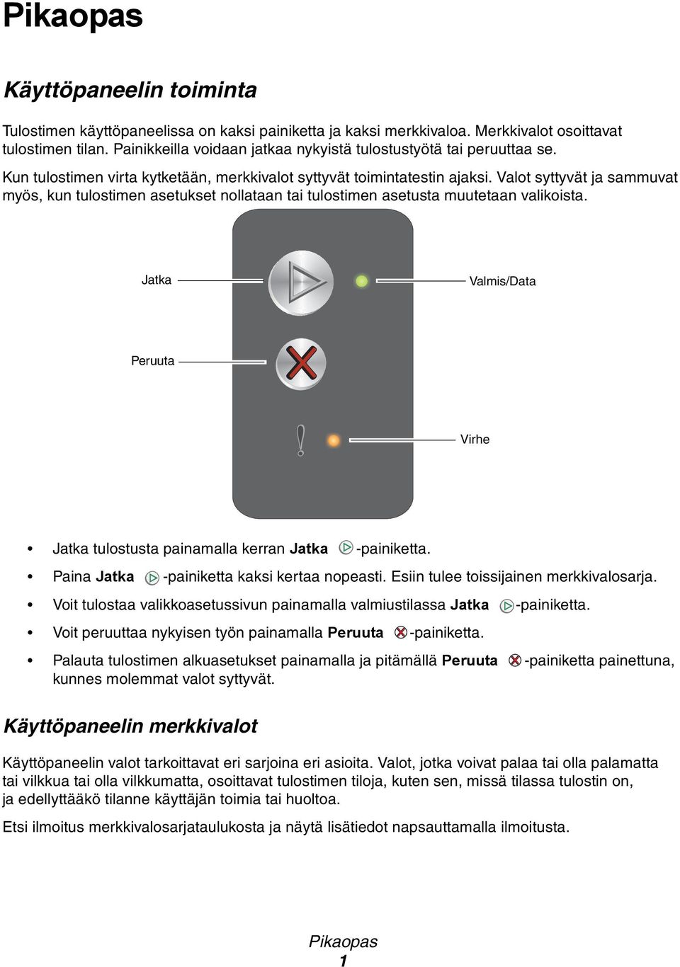 Valot syttyvät ja sammuvat myös, kun tulostimen asetukset nollataan tai tulostimen asetusta muutetaan valikoista. Jatka Valmis/Data Peruuta Virhe Jatka tulostusta painamalla kerran Jatka -painiketta.