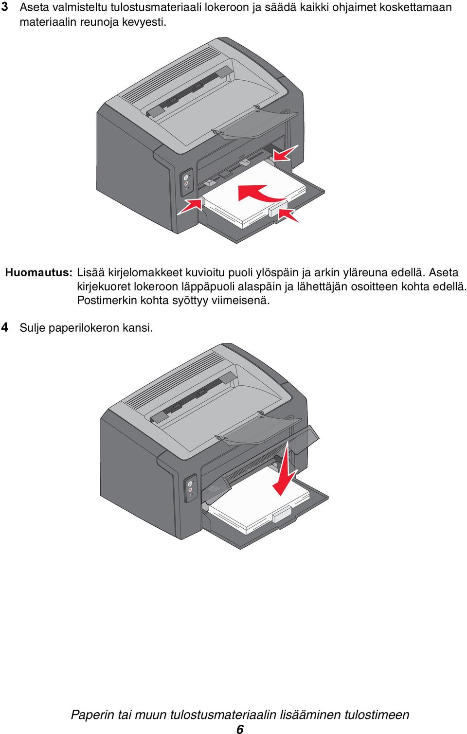 Aseta kirjekuoret lokeroon läppäpuoli alaspäin ja lähettäjän osoitteen kohta edellä.