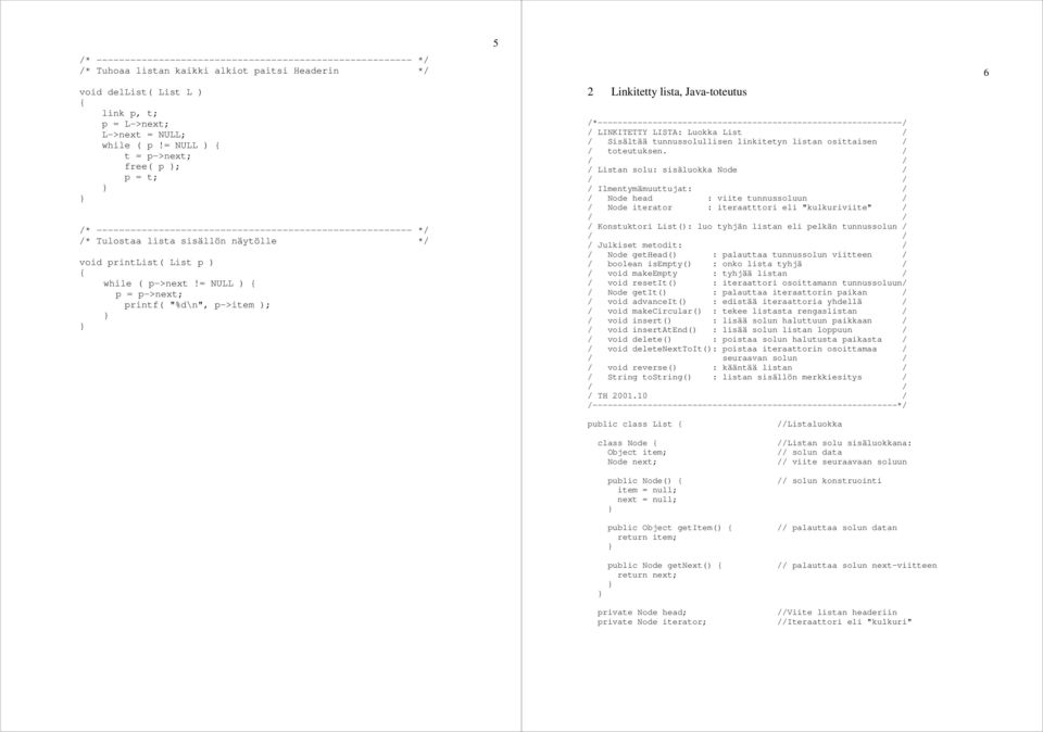 = NULL ) printf( "%d\n", p->item ); 5 2 Linkitetty lista, Java-toteutus /*-------------------------------------------------------------/ / LINKITETTY LISTA: Luokka List / / Sisältää tunnussolullisen