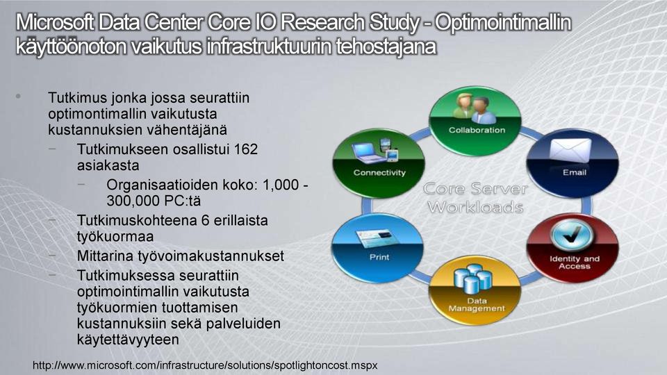 1,000-300,000 PC:tä Tutkimuskohteena 6 erillaista työkuormaa Mittarina työvoimakustannukset Tutkimuksessa seurattiin optimointimallin