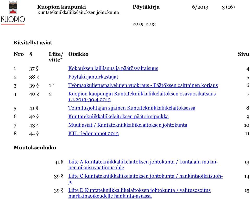 40 2 Kuopion kaupungin Kuntatekniikkaliikelaitoksen osavuosikatsaus 1.1.2013-30.4.2013 5 41 Toimitusjohtajan sijainen Kuntatekniikkaliikelaitoksessa 8 6 42