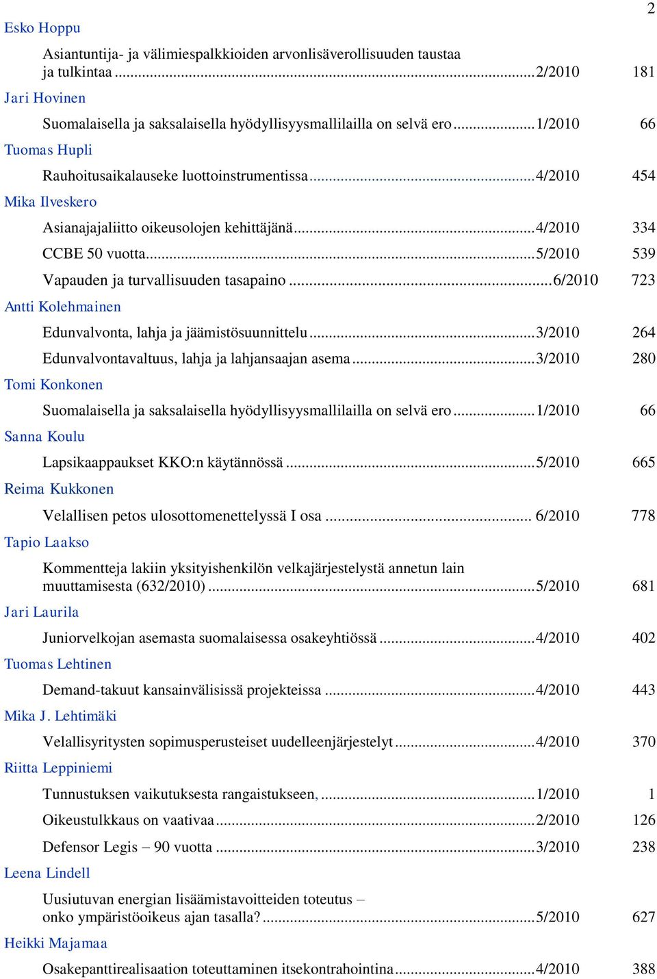 .. 5/2010 539 Vapauden ja turvallisuuden tasapaino... 6/2010 723 Antti Kolehmainen Edunvalvonta, lahja ja jäämistösuunnittelu... 3/2010 264 Edunvalvontavaltuus, lahja ja lahjansaajan asema.