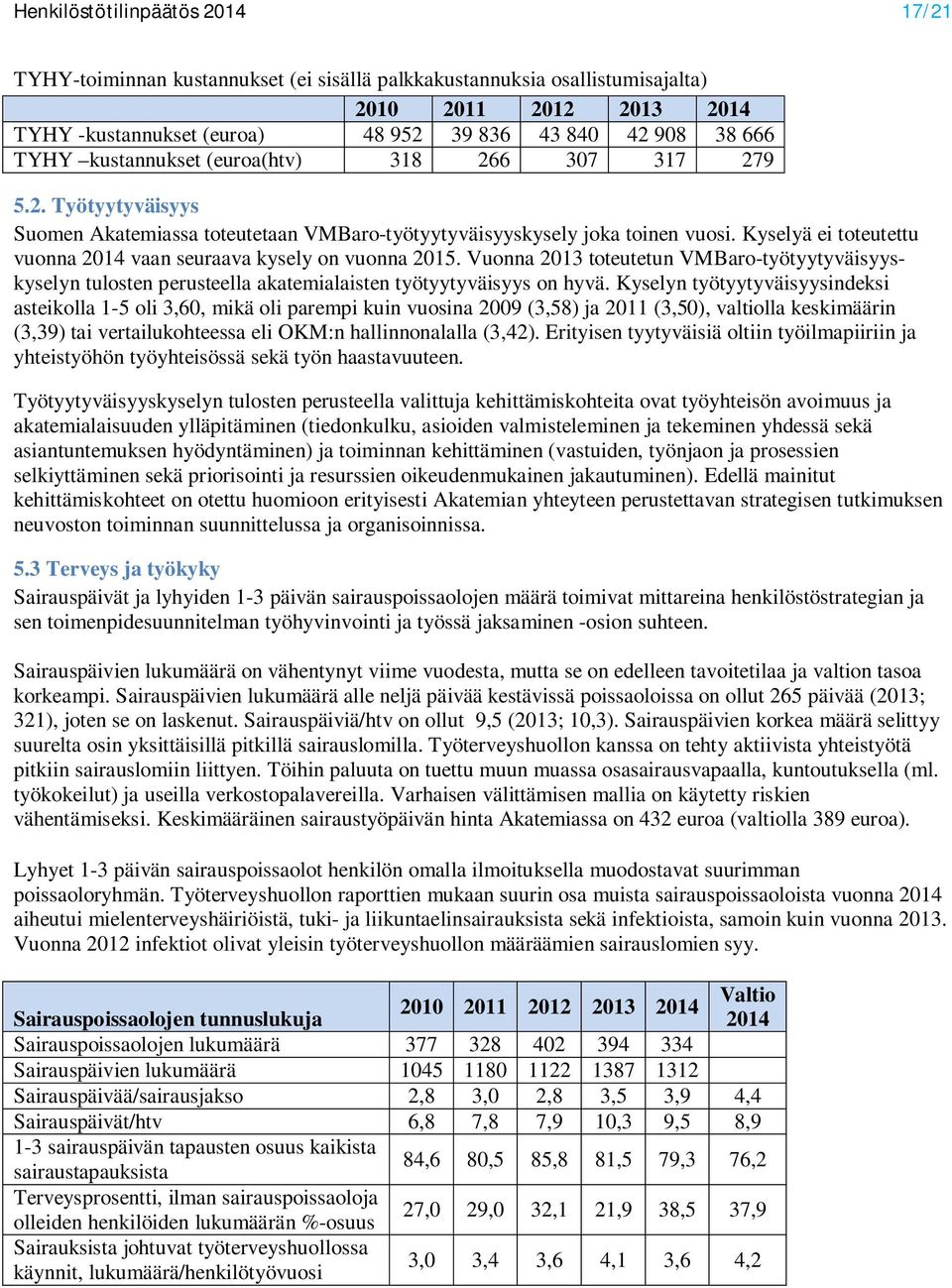 Kyselyä ei toteutettu vuonna 2014 vaan seuraava kysely on vuonna 2015. Vuonna 2013 toteutetun VMBaro-työtyytyväisyyskyselyn tulosten perusteella akatemialaisten työtyytyväisyys on hyvä.