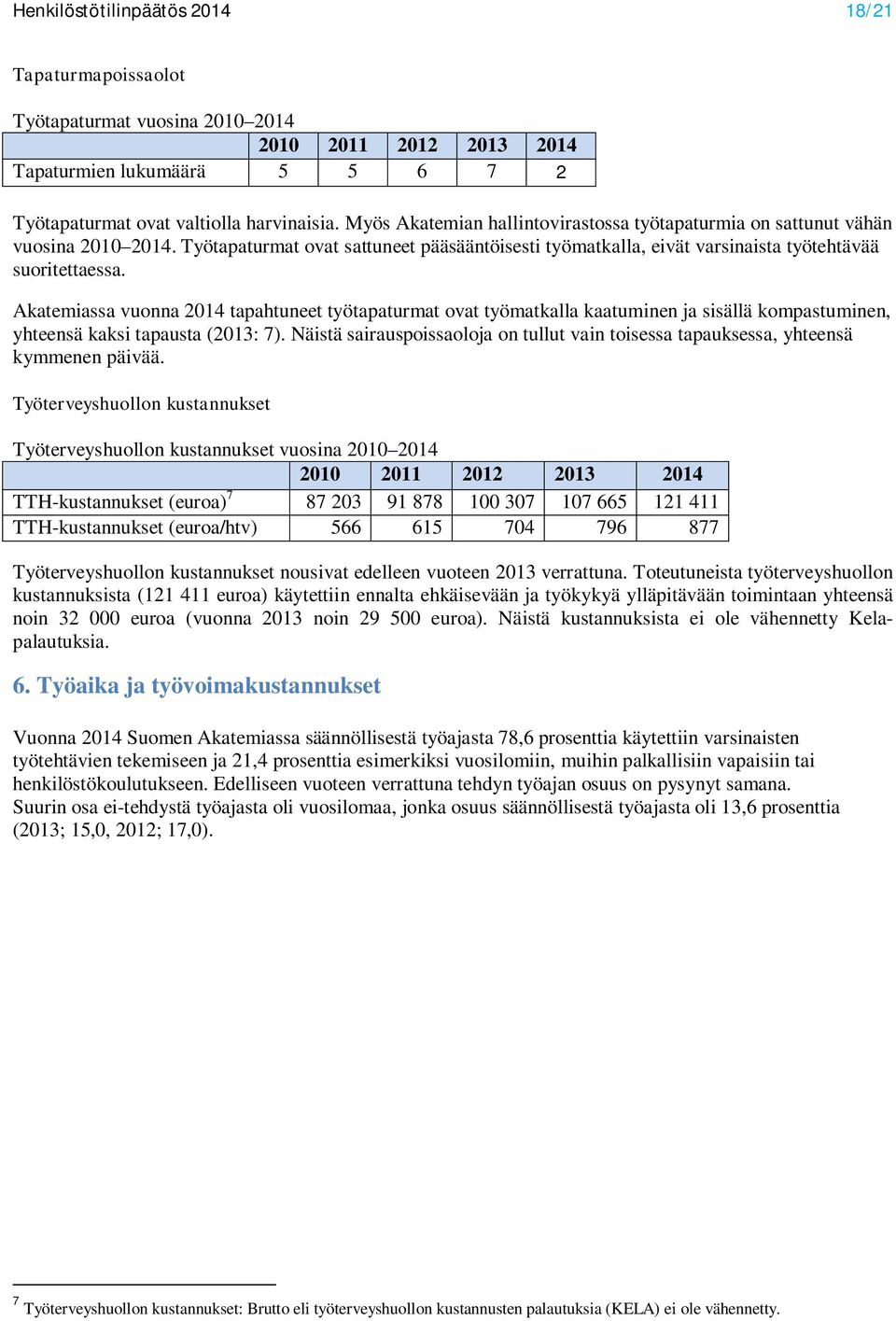 Akatemiassa vuonna 2014 tapahtuneet työtapaturmat ovat työmatkalla kaatuminen ja sisällä kompastuminen, yhteensä kaksi tapausta (2013: 7).