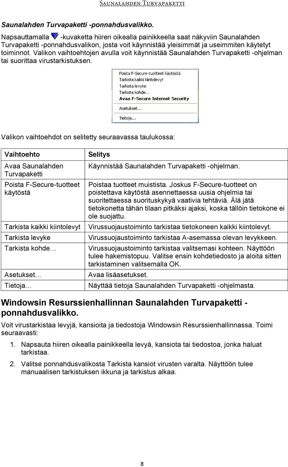 Valikon vaihtoehtojen avulla voit käynnistää Saunalahden Turvapaketti -ohjelman tai suorittaa virustarkistuksen.
