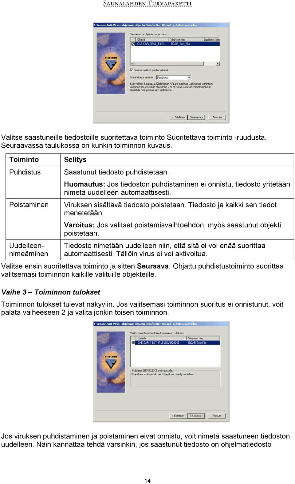 Viruksen sisältävä tiedosto poistetaan. Tiedosto ja kaikki sen tiedot menetetään. Varoitus: Jos valitset poistamisvaihtoehdon, myös saastunut objekti poistetaan.