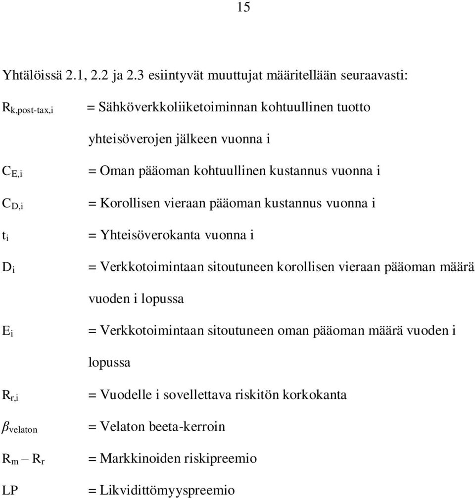 D,i t i D i = Oman pääoman kohtuullinen kustannus vuonna i = Korollisen vieraan pääoman kustannus vuonna i = Yhteisöverokanta vuonna i = Verkkotoimintaan