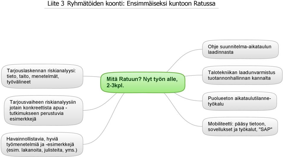 Havainnollistavia, hyviä työmenetelmiä ja -esimerkkejä (esim. lakanoita, julisteita, yms.) Mitä Ratuun? Nyt työn alle, 2-3kpl.