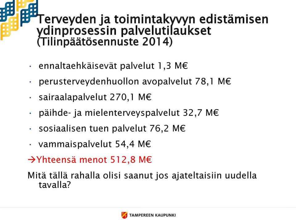 sairaalapalvelut 270,1 M päihde- ja mielenterveyspalvelut 32,7 M sosiaalisen tuen palvelut