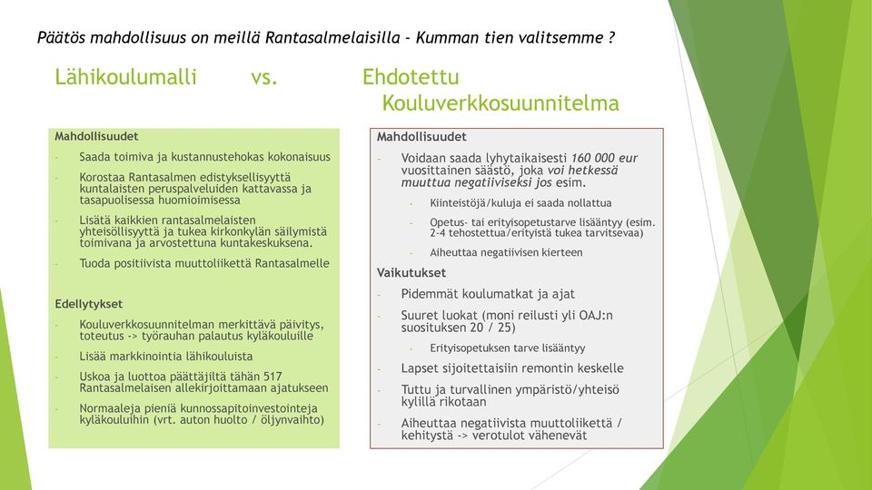 huomioimisessa - Lisätä kaikkien rantasalmelaisten yhteisöllisyyttä ja tukea kirkonkylän säilymistä toimivana ja arvostettuna kuntakeskuksena.