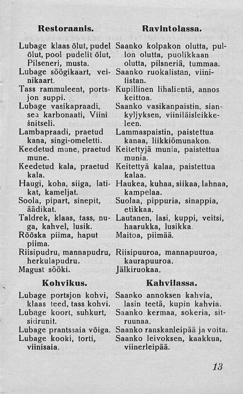 Keedetud kala, praetud kala. Haugi, koha, siiga, latikat, kameljat. Soola, pipart, sinepit, äädikat. Taldrek, klaas, tass, nuga, kahvel, lusik. Rööska piimä, haput piimä.