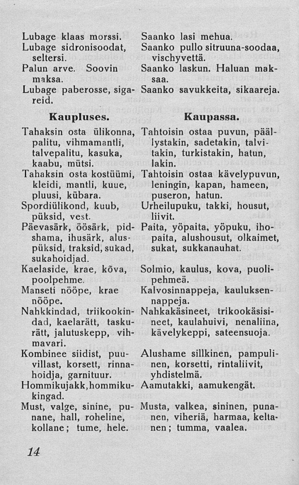 Kaelaside, krae, kova, poolpehme. Manseti nööpe, krae nööpe. Nahkkindad, triikookindad, kaelarätt, taskurätt, jalutuskepp, vihmavari. Kombinee siidist, puuvillast, korsett, rinnahoidja, garnituur.