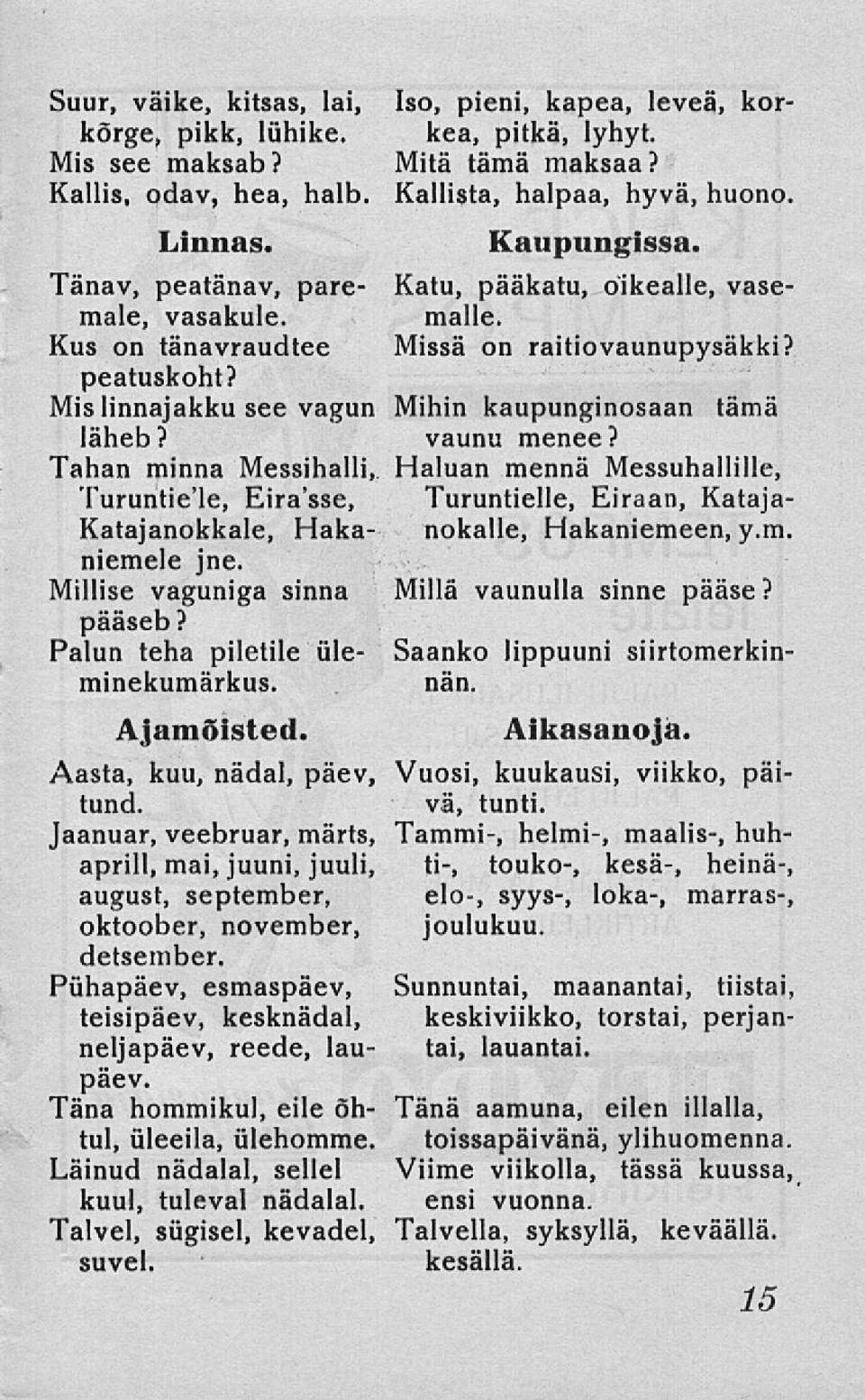 Mis linnajakku see vagun Mihin kaupunginosaan tämä läheb? vaunu menee? Tahan minna Messihalli, Haluan mennä Messuhallille, Turuntie'le, Eira'sse, Turuntielle, Eiraan, Katajanokalle, Hakaniemeen, y.m. Katajanokkale, Hakaniemele jne.