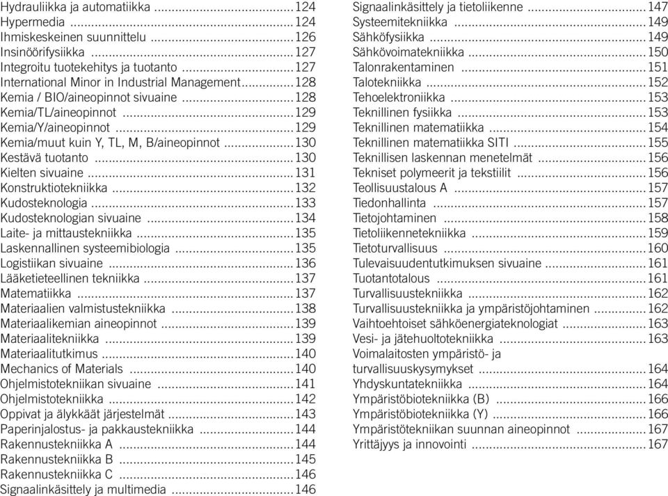 ..131 Konstruktiotekniikka...132 Kudosteknologia...133 Kudosteknologian sivuaine...134 Laite- ja mittaustekniikka...135 Laskennallinen systeemibiologia...135 Logistiikan sivuaine.