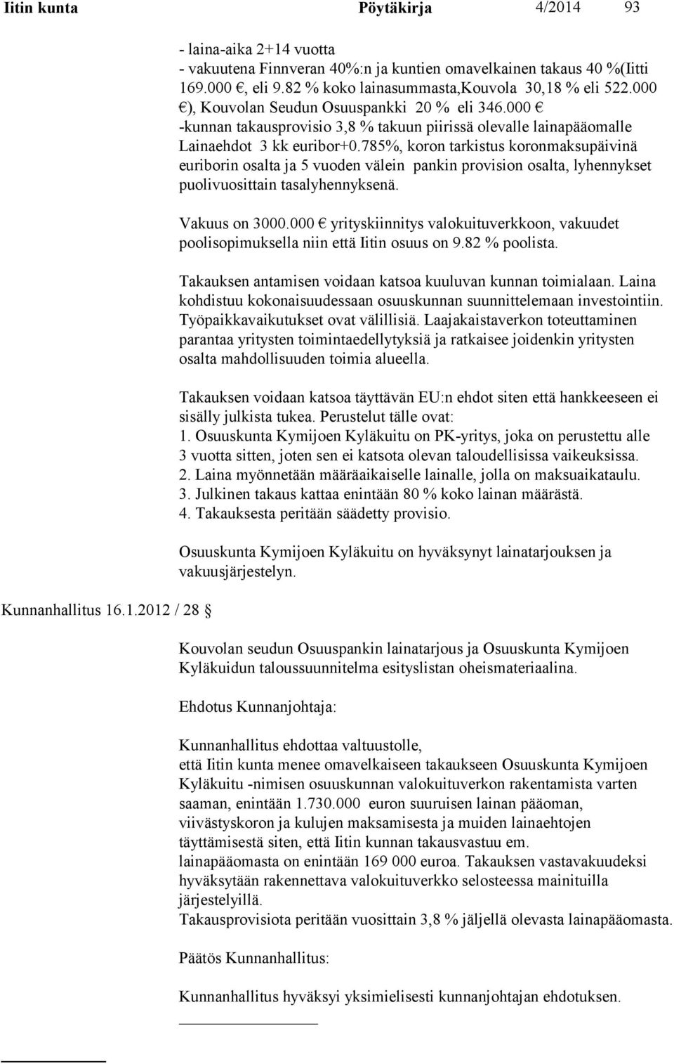 785%, koron tarkistus koronmaksupäivinä euriborin osalta ja 5 vuoden välein pankin provision osalta, lyhennykset puolivuosittain tasalyhennyksenä. Vakuus on 3000.