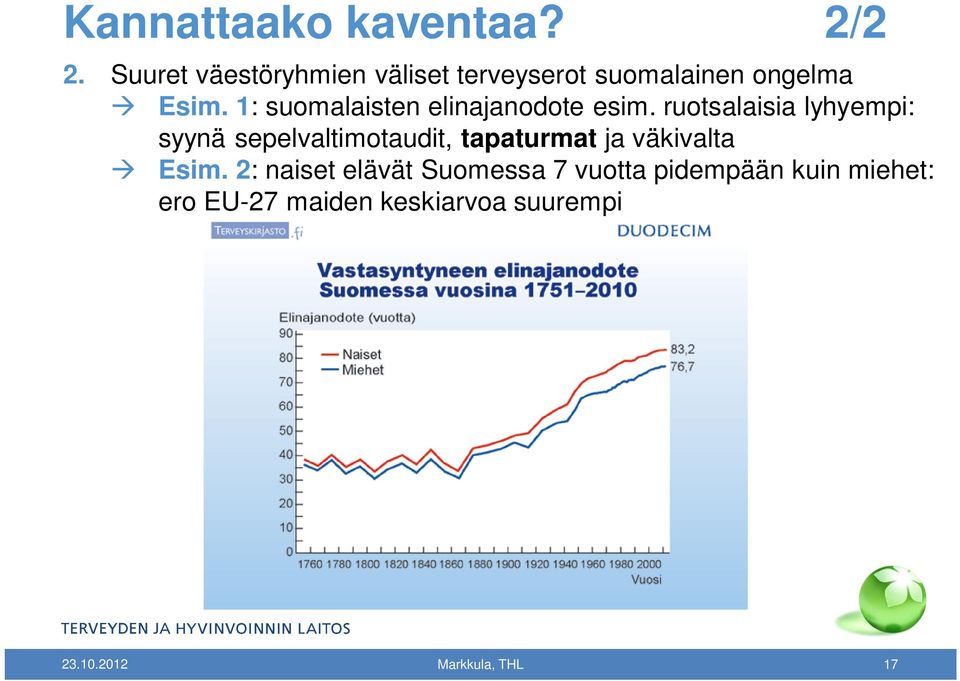 1: suomalaisten elinajanodote esim.