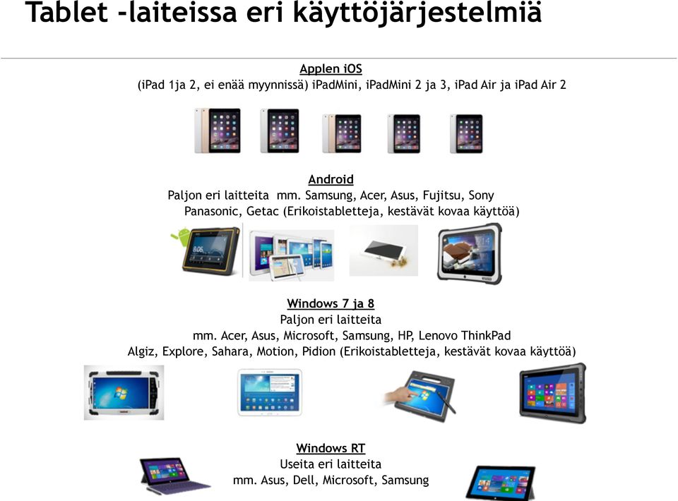 Samsung, Acer, Asus, Fujitsu, Sony Panasonic, Getac (Erikoistabletteja, kestävät kovaa käyttöä) Windows 7 ja 8 Paljon eri