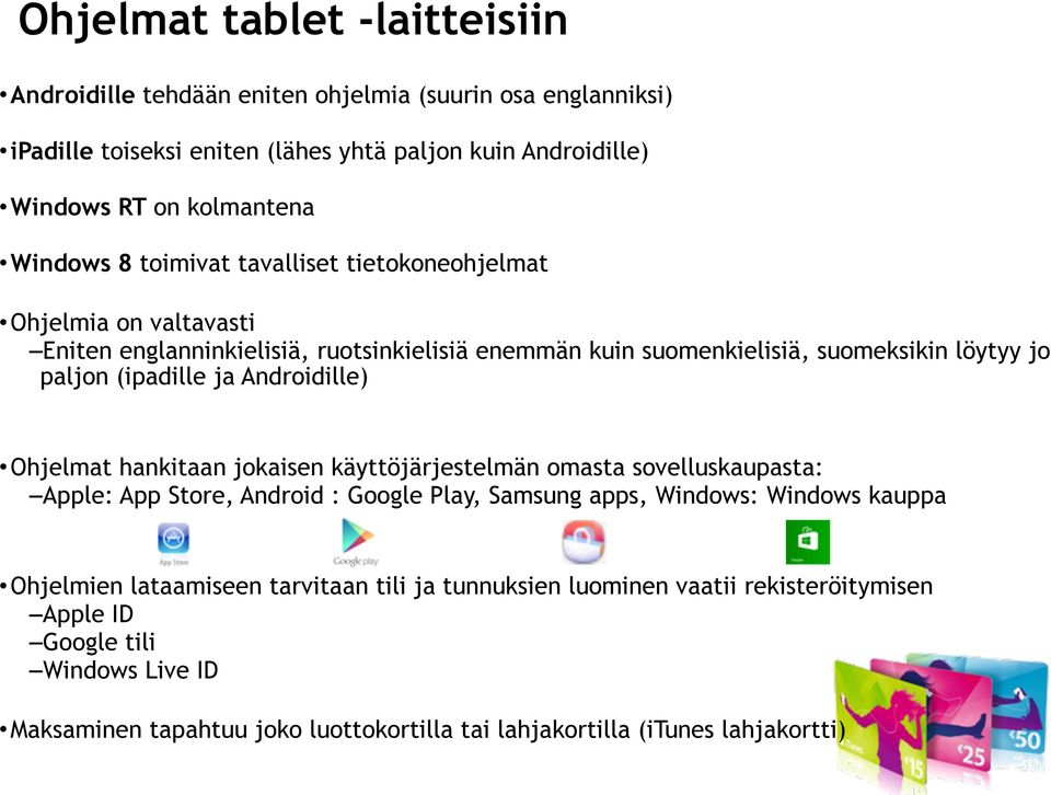 ja Androidille) Ohjelmat hankitaan jokaisen käyttöjärjestelmän omasta sovelluskaupasta: Apple: App Store, Android : Google Play, Samsung apps, Windows: Windows kauppa Ohjelmien