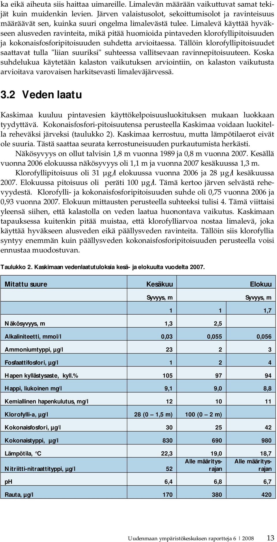 Limalevä käyttää hyväkseen alusveden ravinteita, mikä pitää huomioida pintaveden klorofyllipitoisuuden ja kokonaisfosforipitoisuuden suhdetta arvioitaessa.