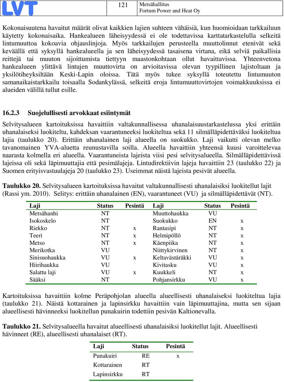 Myös tarkkailujen perusteella muuttolinnut etenivät sekä keväällä että syksyllä hankealueella ja sen läheisyydessä tasaisena virtana, eikä selviä paikallisia reittejä tai muuton sijoittumista