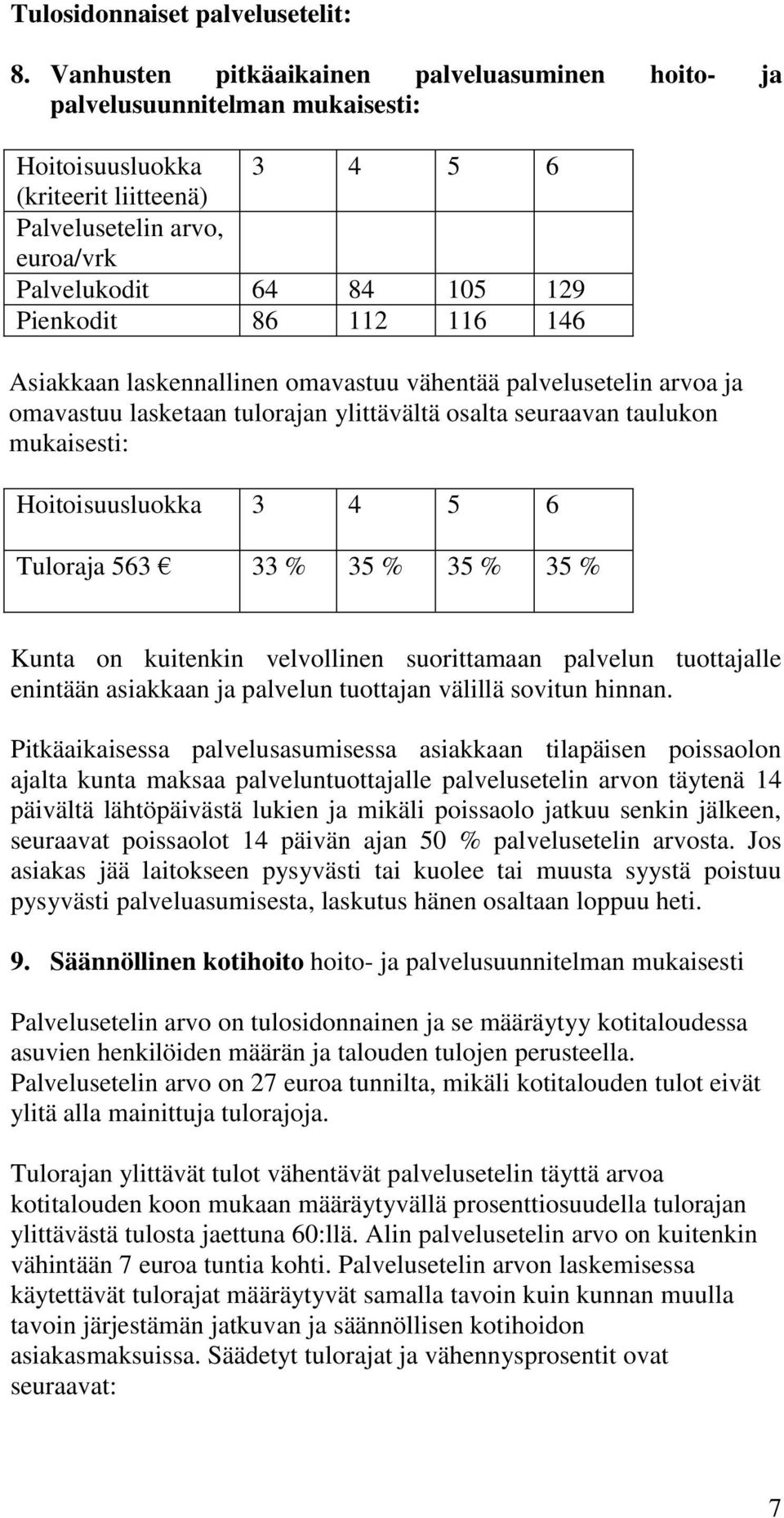 112 116 146 Asiakkaan laskennallinen omavastuu vähentää palvelusetelin arvoa ja omavastuu lasketaan tulorajan ylittävältä osalta seuraavan taulukon mukaisesti: Hoitoisuusluokka 3 4 5 6 Tuloraja 563