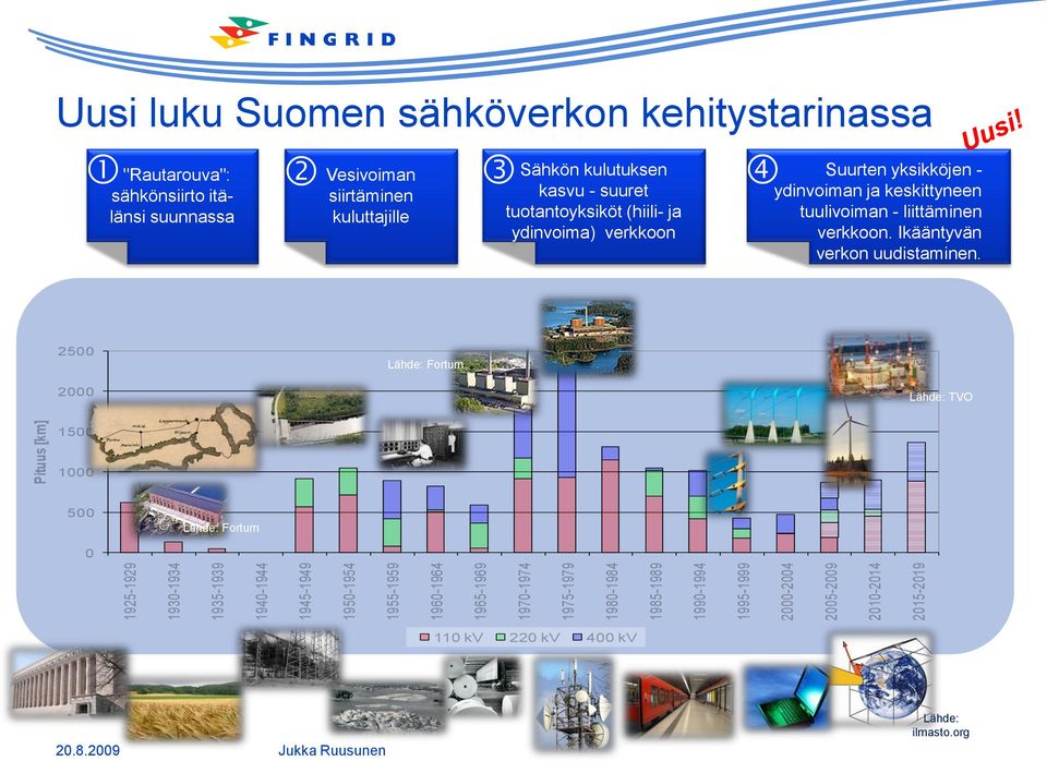 kuluttajille Sähkön kulutuksen kasvu - suuret tuotantoyksiköt (hiili- ja ydinvoima) verkkoon Suurten yksikköjen - ydinvoiman ja keskittyneen tuulivoiman -