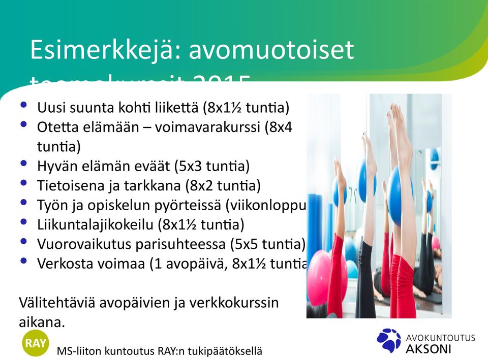 opiskelun pyörteissä (viikonloppu) Liikuntalajikokeilu (8x1½ tuntia) Vuorovaikutus parisuhteessa (5x5 tuntia)