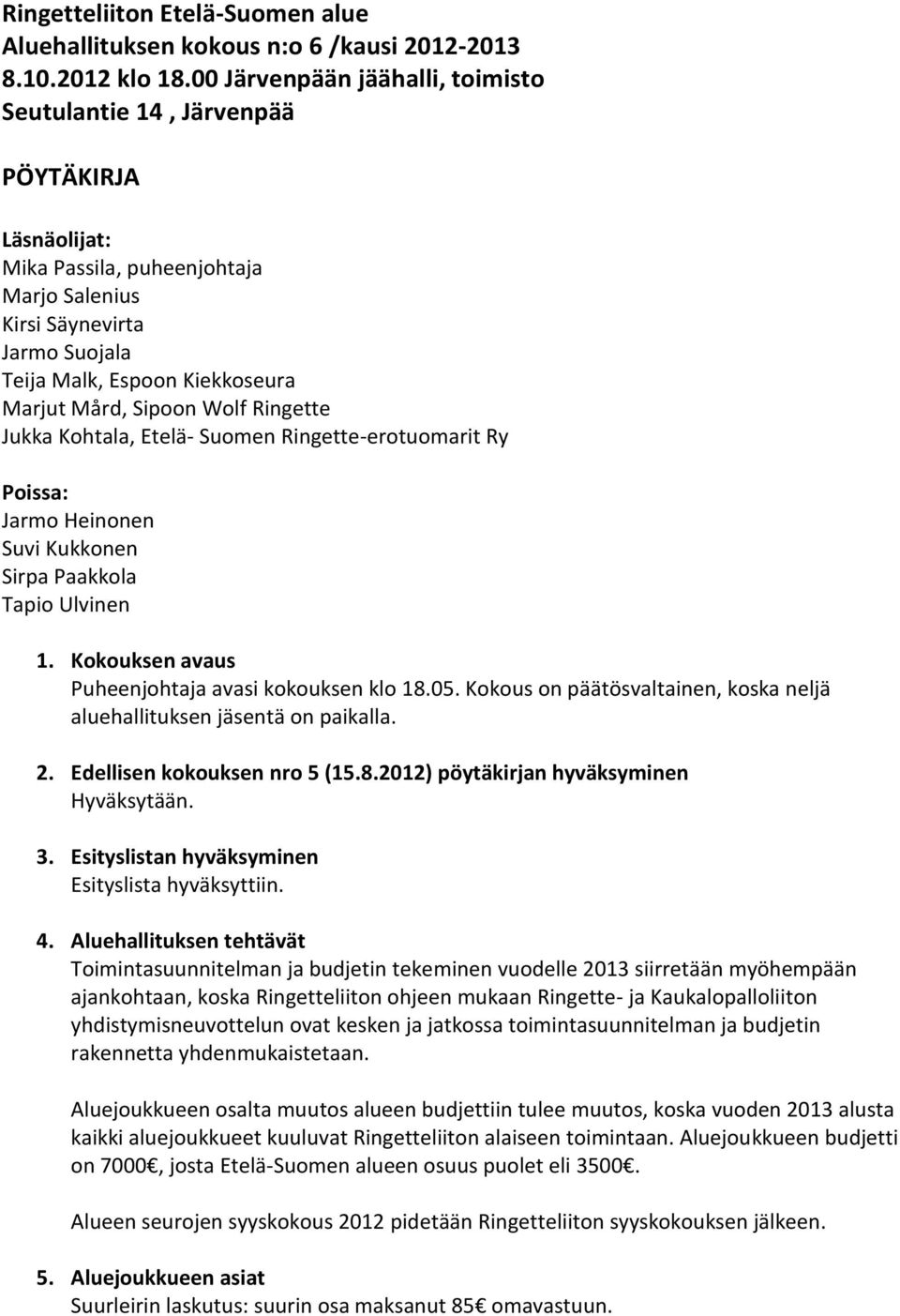 Mård, Sipoon Wolf Ringette Jukka Kohtala, Etelä- Suomen Ringette-erotuomarit Ry Poissa: Jarmo Heinonen Suvi Kukkonen Sirpa Paakkola Tapio Ulvinen 1.