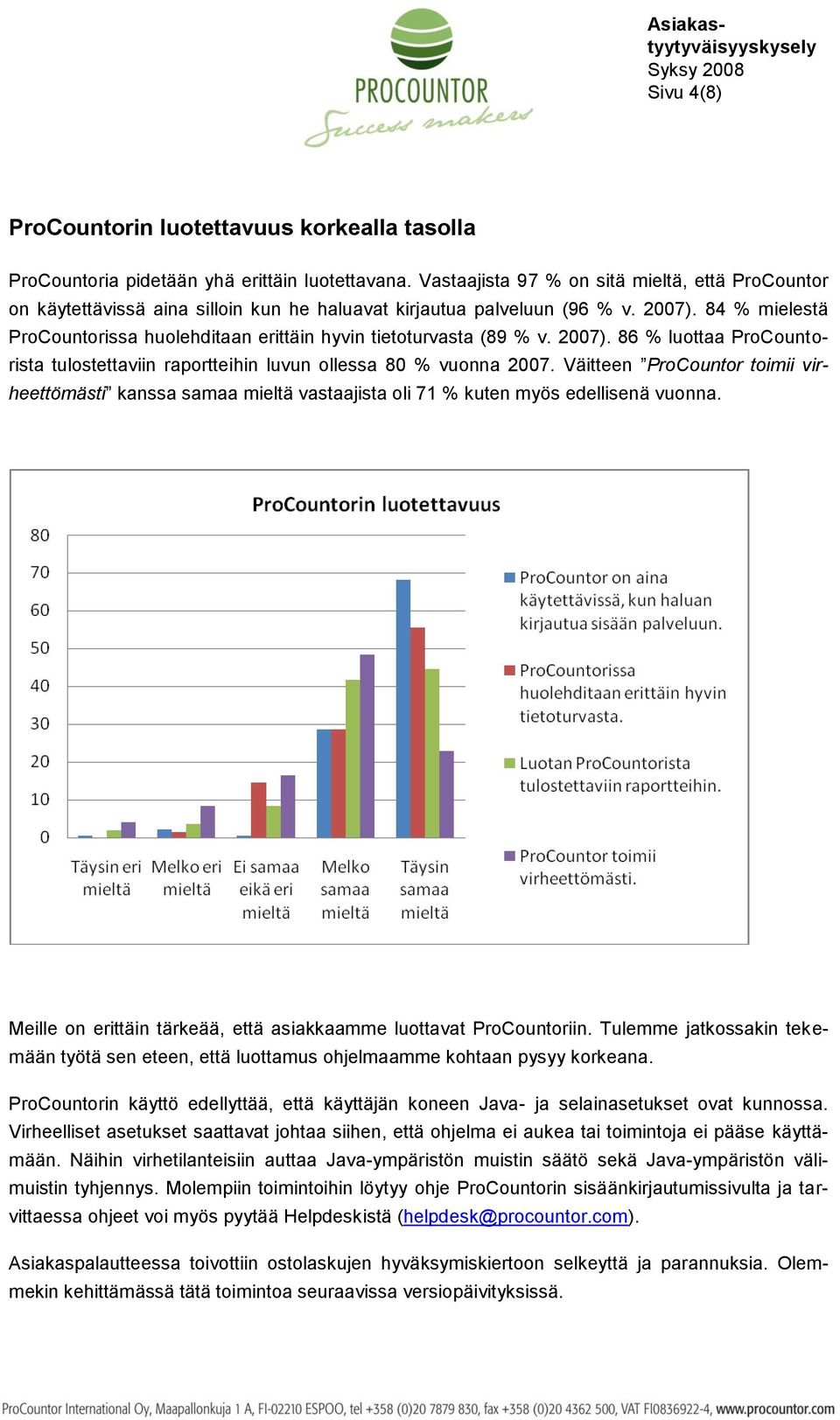 84 % mielestä ProCountorissa huolehditaan erittäin hyvin tietoturvasta (89 % v. 2007). 86 % luottaa ProCountorista tulostettaviin raportteihin luvun ollessa 80 % vuonna 2007.