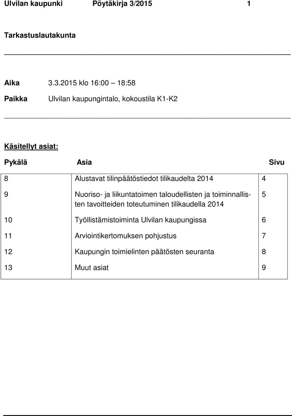 3.2015 klo 16:00 18:58 Paikka Ulvilan kaupungintalo, kokoustila K1-K2 Käsitellyt asiat: Pykälä Asia Sivu 8 9 10 11 12