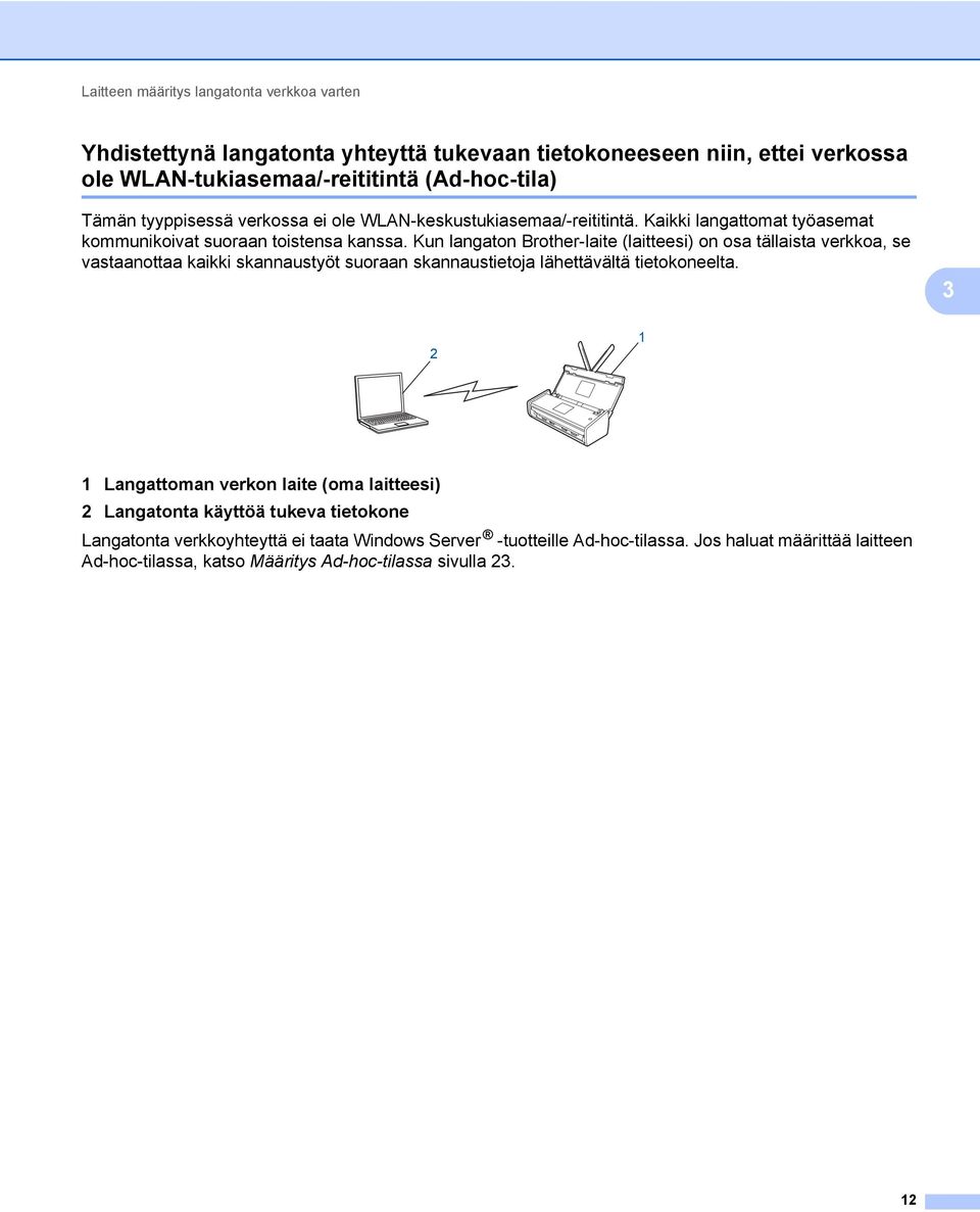 Kun langaton Brother-laite (laitteesi) on osa tällaista verkkoa, se vastaanottaa kaikki skannaustyöt suoraan skannaustietoja lähettävältä tietokoneelta.