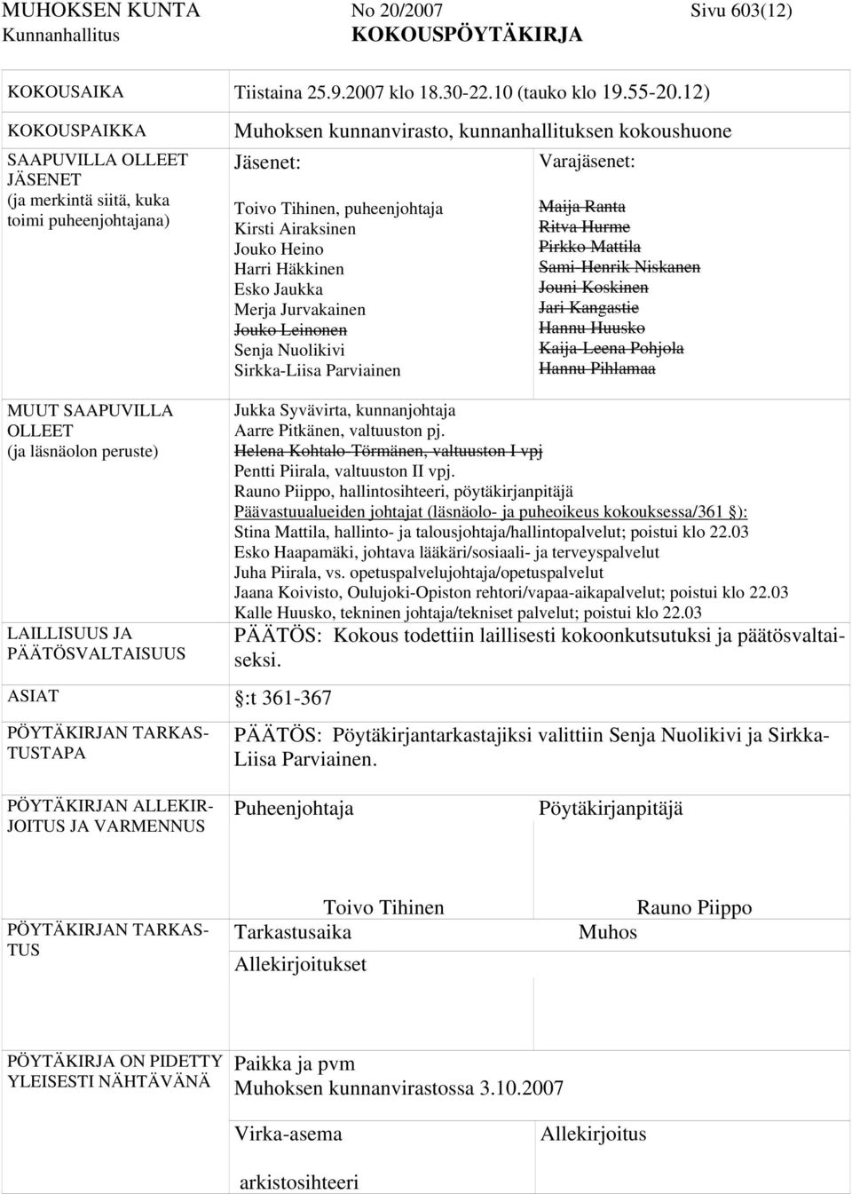 Kirsti Airaksinen Jouko Heino Harri Häkkinen Esko Jaukka Merja Jurvakainen Jouko Leinonen Senja Nuolikivi Sirkka-Liisa Parviainen Maija Ranta Ritva Hurme Pirkko Mattila Sami-Henrik Niskanen Jouni