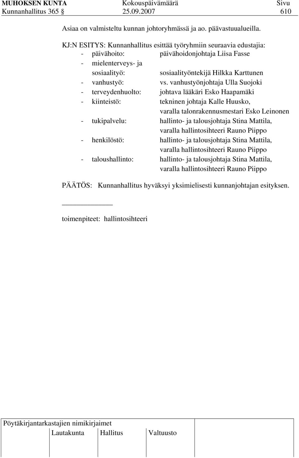 vanhustyönjohtaja Ulla Suojoki - terveydenhuolto: johtava lääkäri Esko Haapamäki - kiinteistö: tekninen johtaja Kalle Huusko, varalla talonrakennusmestari Esko Leinonen - tukipalvelu: hallinto- ja
