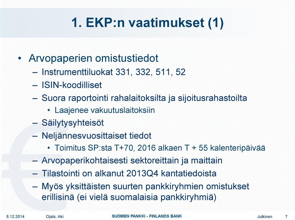 T+70, 2016 alkaen T + 55 kalenteripäivää Arvopaperikohtaisesti sektoreittain ja maittain Tilastointi on alkanut 2013Q4