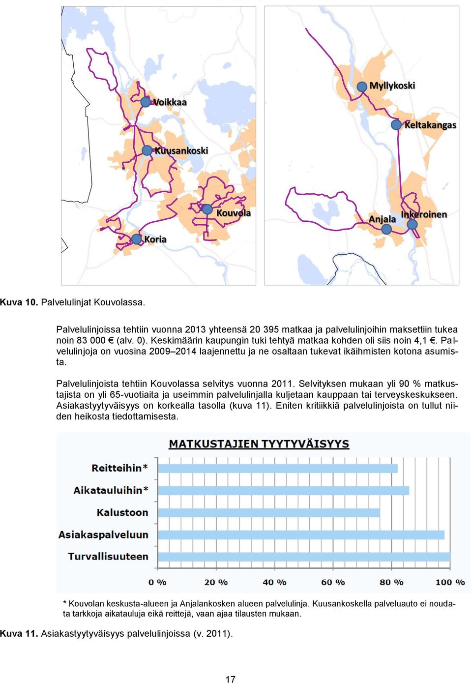 Palvelulinjoista tehtiin Kouvolassa selvitys vuonna 2011. Selvityksen mukaan yli 90 % matkustajista on yli 65-vuotiaita ja useimmin palvelulinjalla kuljetaan kauppaan tai terveyskeskukseen.