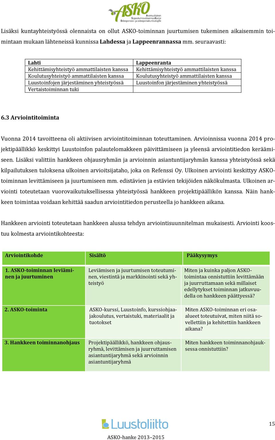 ammattilaisten kanssa Koulutusyhteistyö ammattilaisten kanssa Luustoinfon järjestäminen yhteistyössä 6.3 Arviointitoiminta Vuonna 2014 tavoitteena oli aktiivisen arviointitoiminnan toteuttaminen.