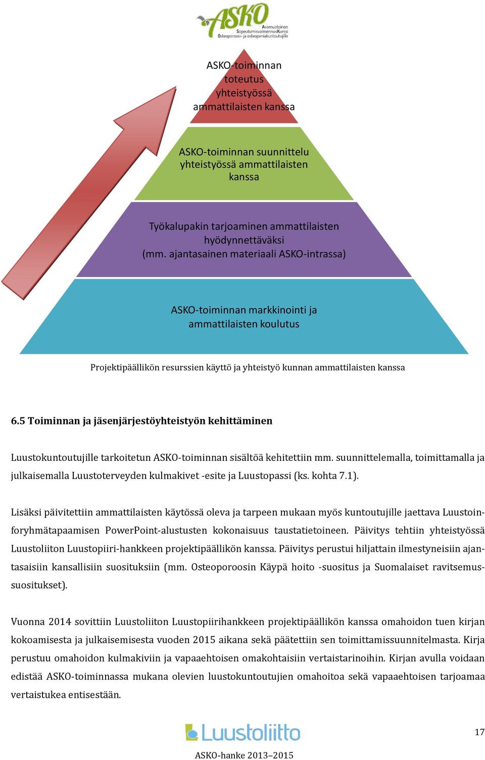 5 Toiminnan ja jäsenjärjestöyhteistyön kehittäminen Luustokuntoutujille tarkoitetun ASKO-toiminnan sisältöä kehitettiin mm.