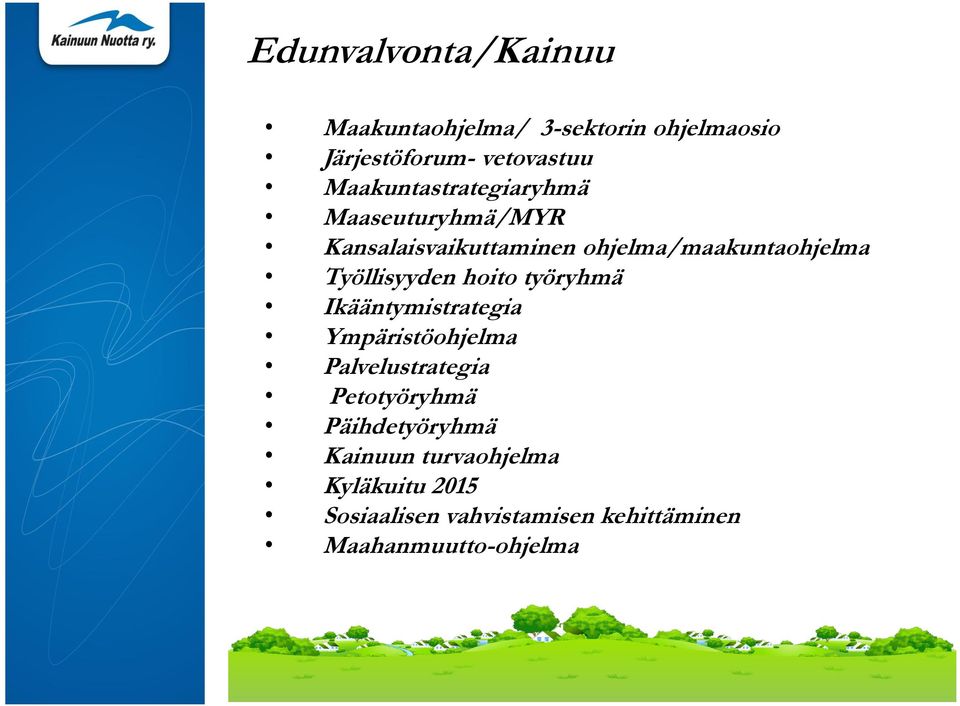 Työllisyyden hoito työryhmä Ikääntymistrategia Ympäristöohjelma Palvelustrategia Petotyöryhmä