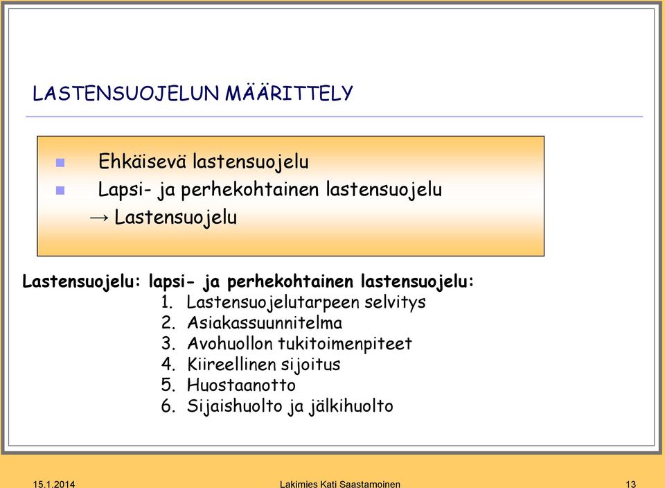 Lastensuojelutarpeen selvitys 2. Asiakassuunnitelma 3. Avohuollon tukitoimenpiteet 4.