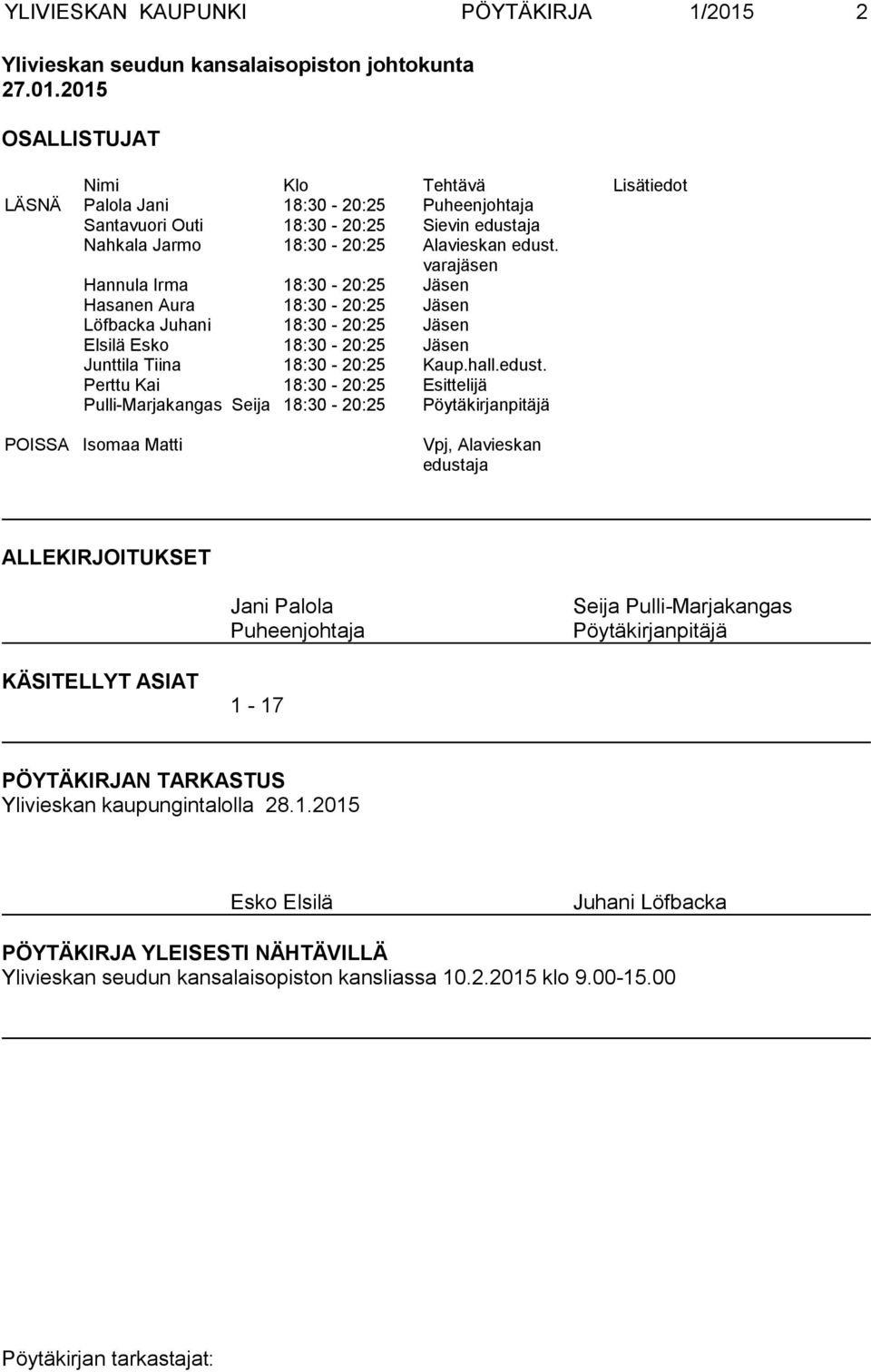 varajäsen Hannula Irma 18:30-20:25 Jäsen Hasanen Aura 18:30-20:25 Jäsen Löfbacka Juhani 18:30-20:25 Jäsen Elsilä Esko 18:30-20:25 Jäsen Junttila Tiina 18:30-20:25 Kaup.hall.edust.